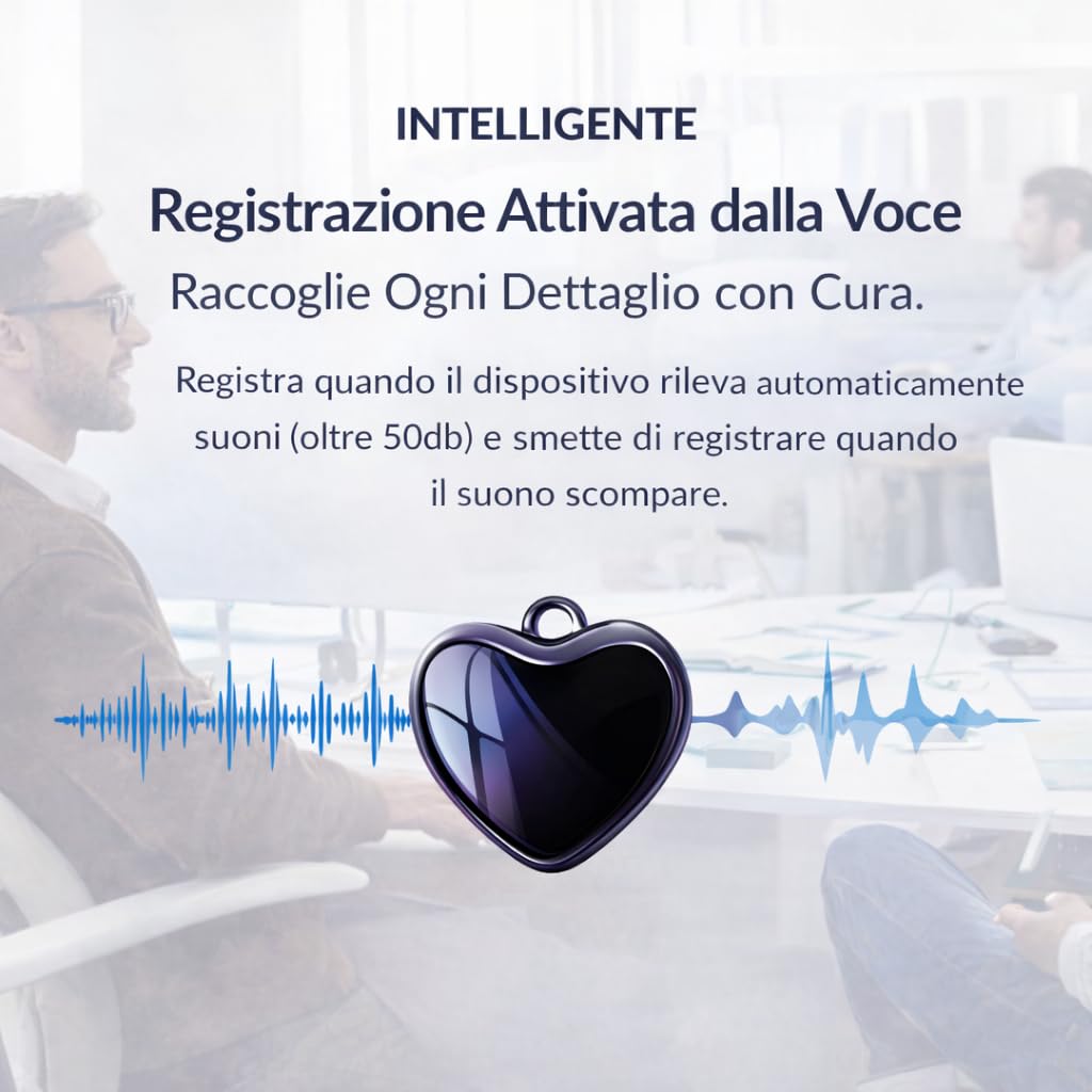 CleverTalk Heart Registratore Vocale con IA | Attivazione Vocale | App Mobile, Mac, Windows e Web | Cloud Europeo GDPR | 64GB | Audio HD 1536kbps | USB-C