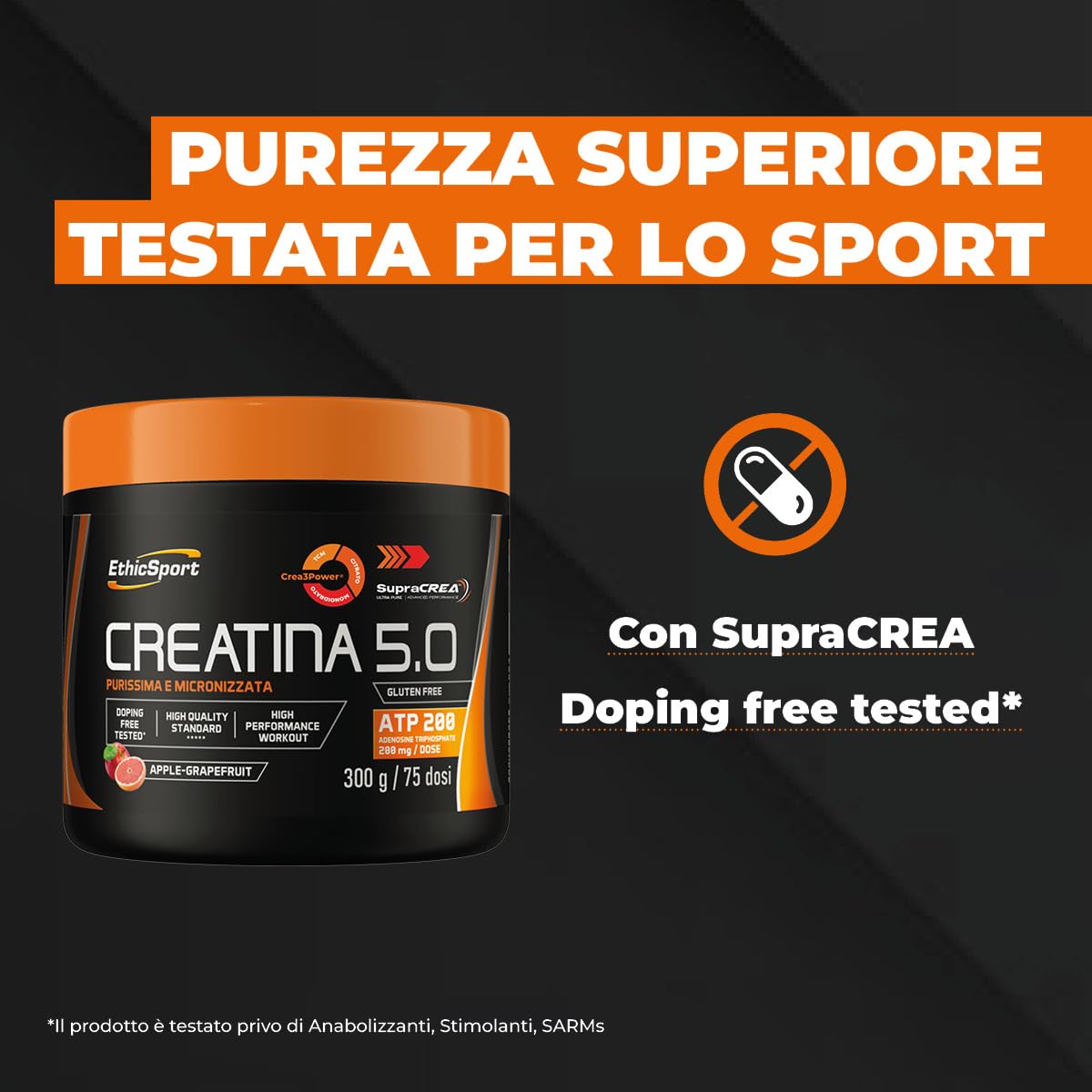 EthicSport CREATINA 5.0 – Creatina evoluta a base di SupraCREA®, con Crea3Power e ATP 200mg – Incrementa le prestazioni fisiche in attività brevi e intense** – doping free tested – 300g