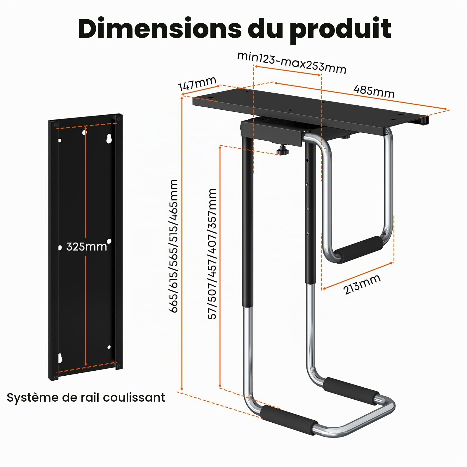 Support PC sous Bureau Réglable avec Rail Coulissant,Rotation à 360° Support Boîtier d'Ordinateur avec Coussin De Protection,Excellente Circulation De l'Air,Charge Maximale 30kg