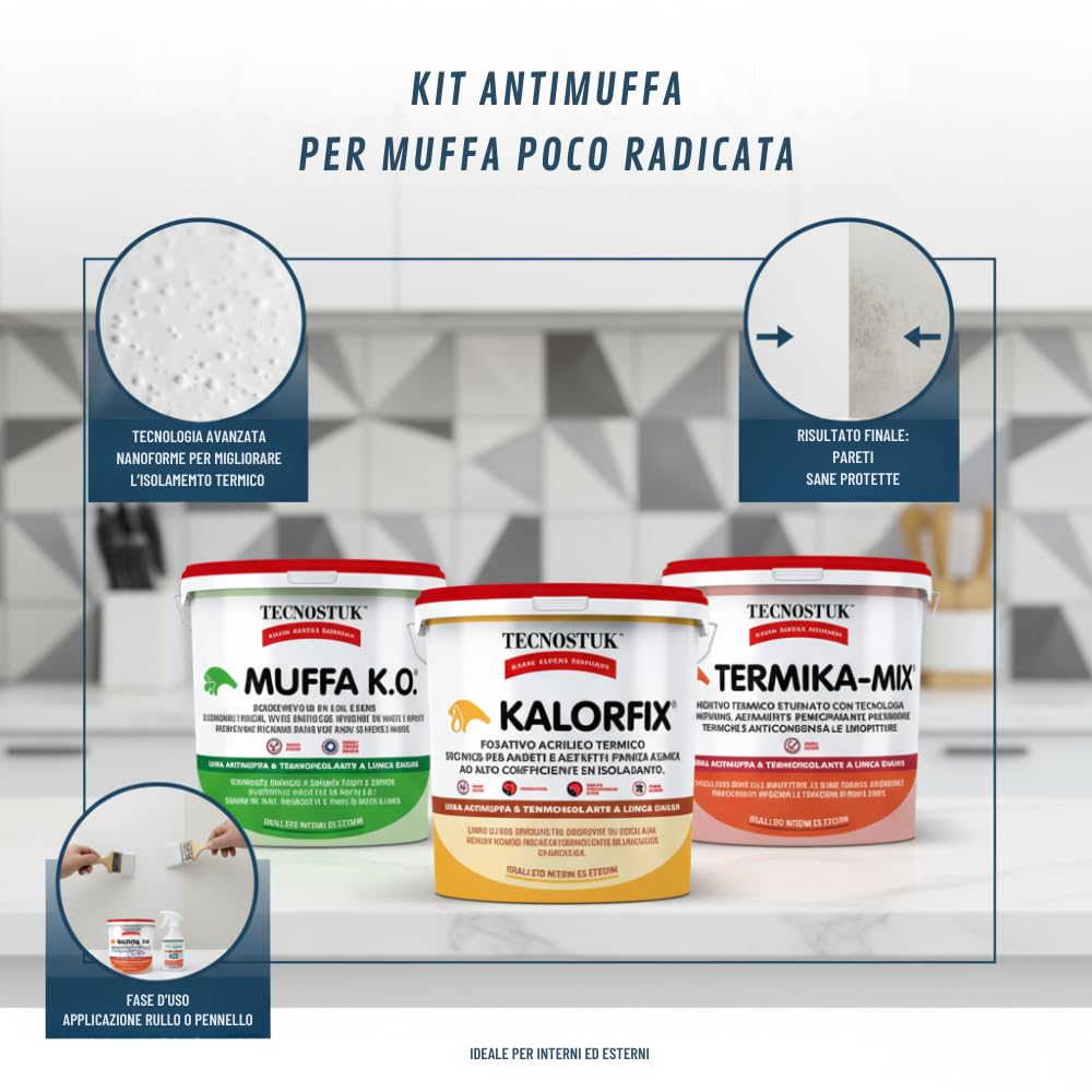 TECNOSTUK KIT Professionale Antimuffa Per Muffa Poco Radicata Muffa K.O. 1L + Kalorfix 1L + Termika-Mix 1L