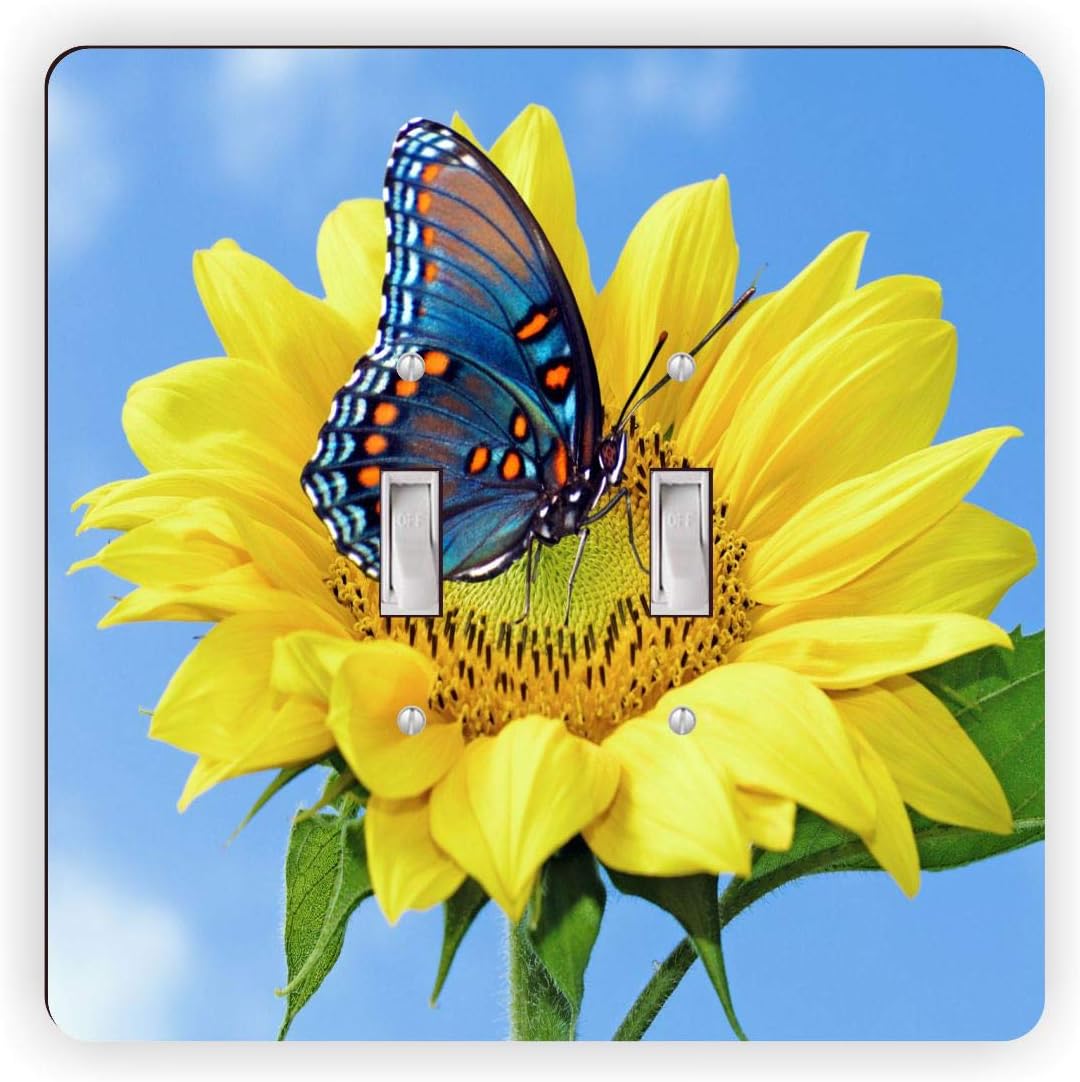 Beautiful Yellow Flower Sunny Skies with Blue Butterfly - Double Rocker Light Switch Cover - Double Rocker Switch Plate