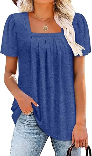 BETTE BOUTIK Blusas de verano para mujer, de manga corta, plisadas, cuello cuadrado, túnicas, camisas, blusas, tallas S-3XL