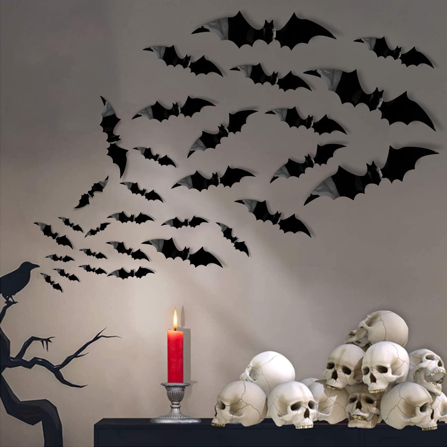 88Pcs Halloween Decorations 3D Bats Stickers Halloween Decorations Outdoor Indoor Scary Bats Window Stickers 4 Size Waterproof Black Bats for Halloween Decor Halloween Party Decoration