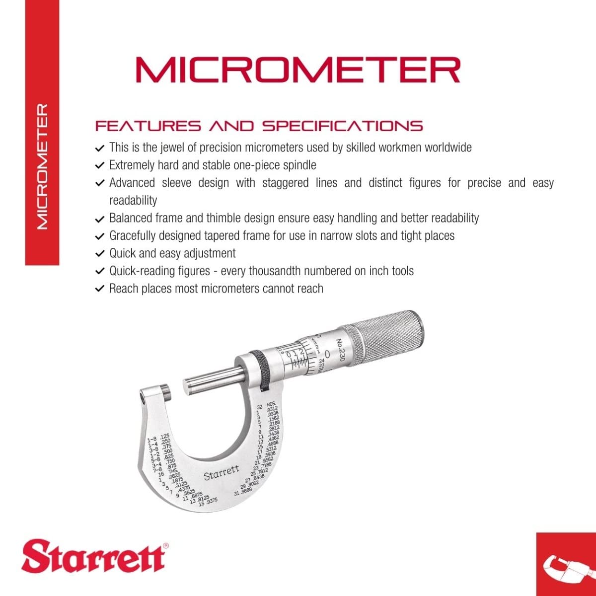 Starrett T230XRL, micrometro per esterni, arresto del cricchetto, freno, superfici in carburo, graduazione 0,0001”, accuratezza +/-0.00005"