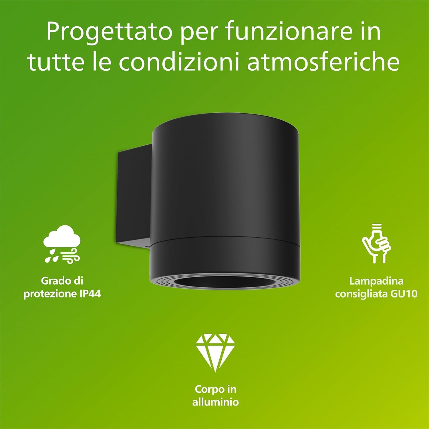 Philips Fylx Applique da Esterni + Lampadina LED GU10, Luce Bianca Calda, Resistente a Intemperie IP44, Durevole, Alluminio, Design Moderno, Nero