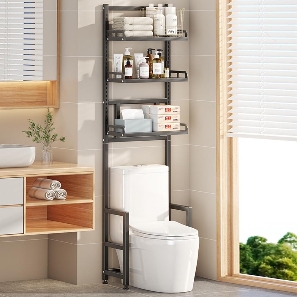 NUODWELL 3-stöckiges Toilettenregal, freistehend, Metall-Badregal, platzsparend, über dem WC-Aufbewahrungsregal, multifunktionales WC-Aufbewahrungsregal für Badezimmer (schwarz)