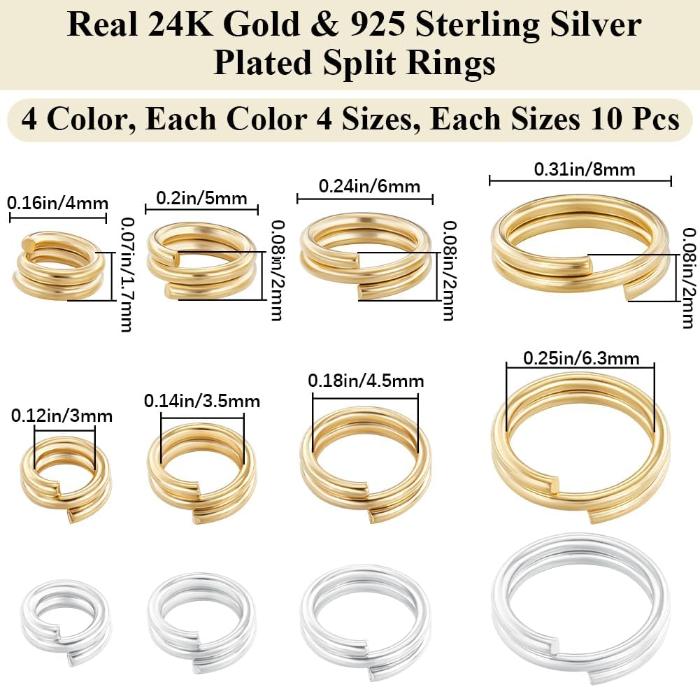 Beebeecraft 80Pcs OD 4/5/6/8mm Double Loops Jump Rings 24K Gold Plated & 925 Sterling Silver Plated Split Rings with Storage Box for Making Necklaces Bracelets DIY Crafts