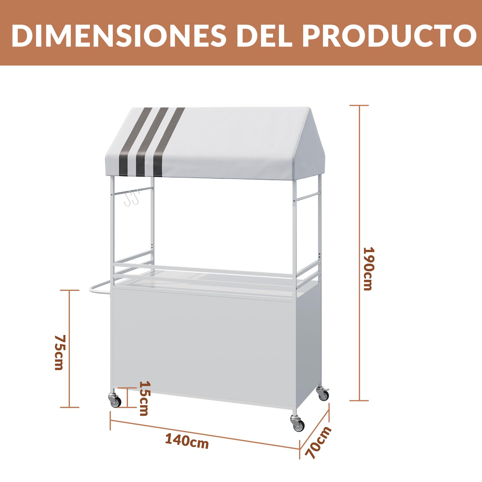Carrito de Venta portátil con toldo, carritos de Comida móviles con Ruedas con Bloqueo, Soporte de exhibición Callejero de 190 cm de Altura, Resistente, para Eventos en Interiores y Exteriores.