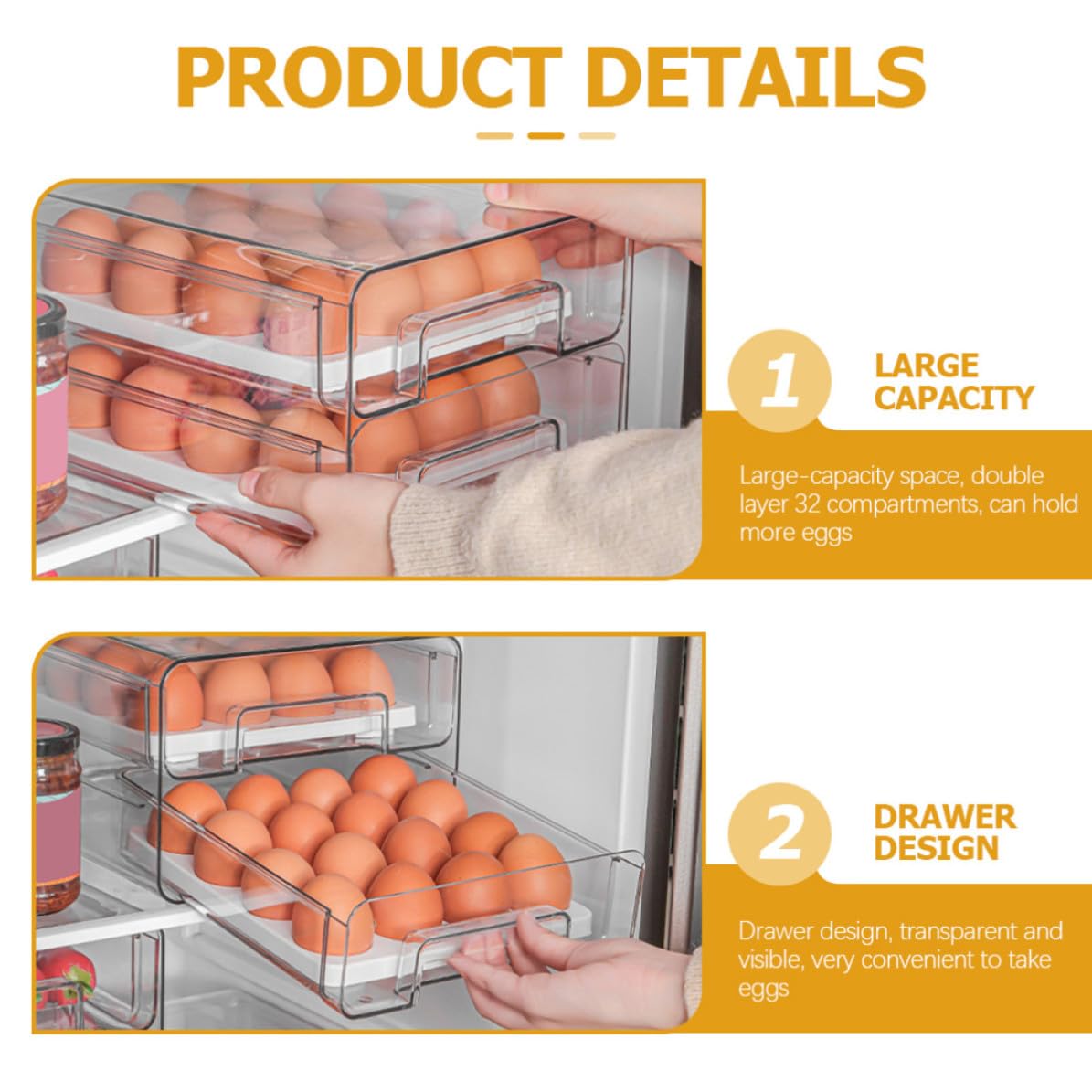 Contenedor de Huevos para Refrigerador Doble Capa 32 Compartimentos | Pet Transparente, Cajón Extraíble y Ventana de Ventilación, Organizador Huevos Frigorifico