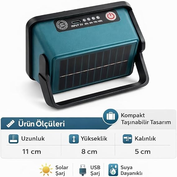 50W Solar Led Projektör 6500K Ultra Güçlü Kamp Lambası Bahçe Aydınlatması [Enerji Sınıfı A++]