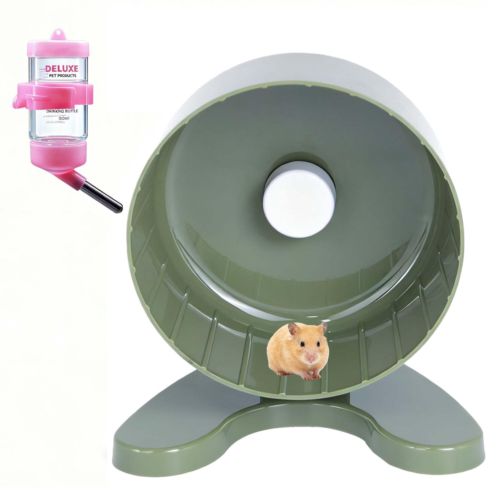 6.5" Super Silent Hamster Wheel with Stand & Water Bottle – Ultra Quiet Exercise Running Wheel for Gerbils, Syrian & Dwarf Hamsters, Chinchillas, Small Pets – Noiseless Spinning Design,Green