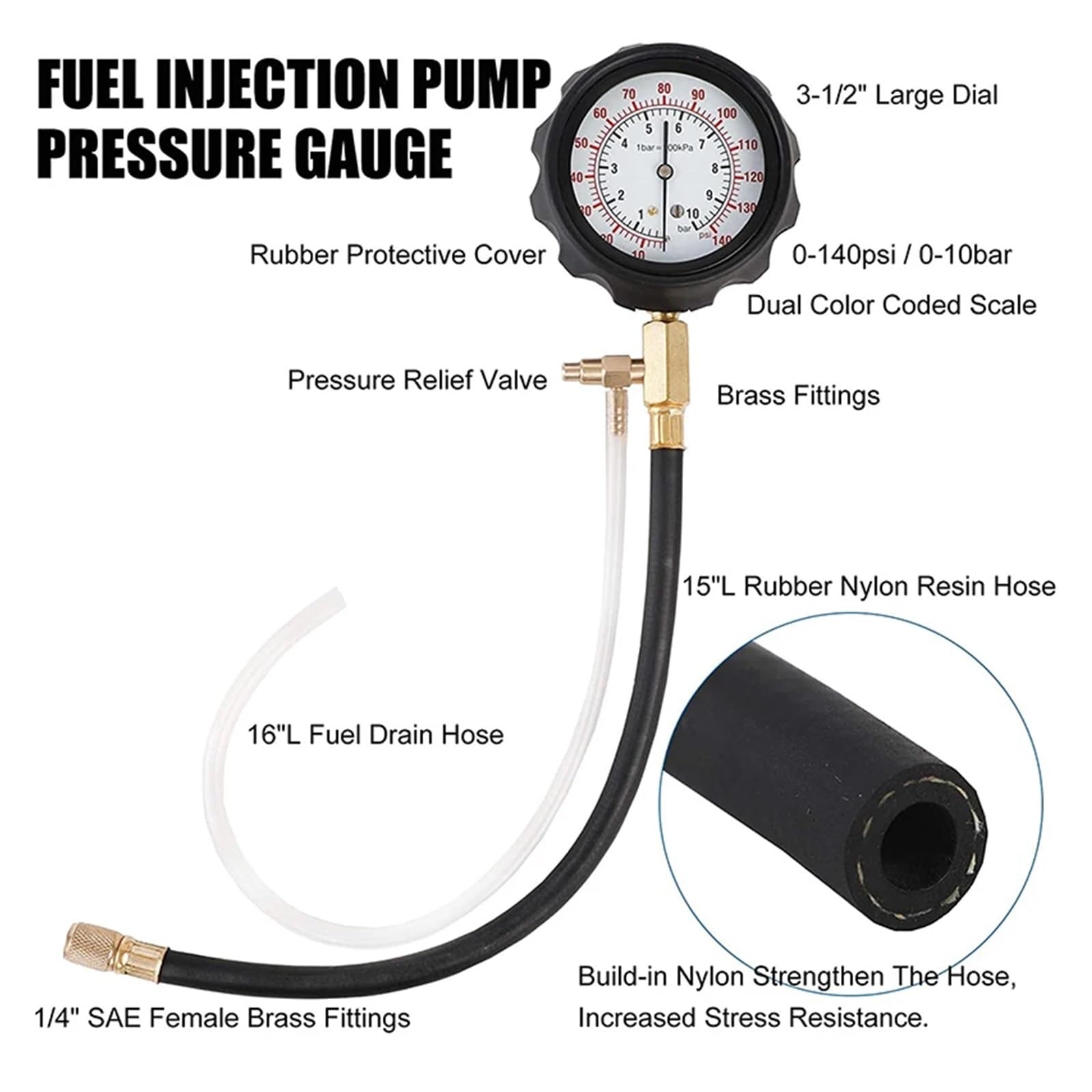 Kit Di Strumenti Diagnostici For Misuratore Pressione Della Pompa Iniezione Del Carburante 0-140PSI, Set For Tester Benzina Motore For La Maggior Parte Delle Auto (TU-114) Abbastanza Accurato(No Box)