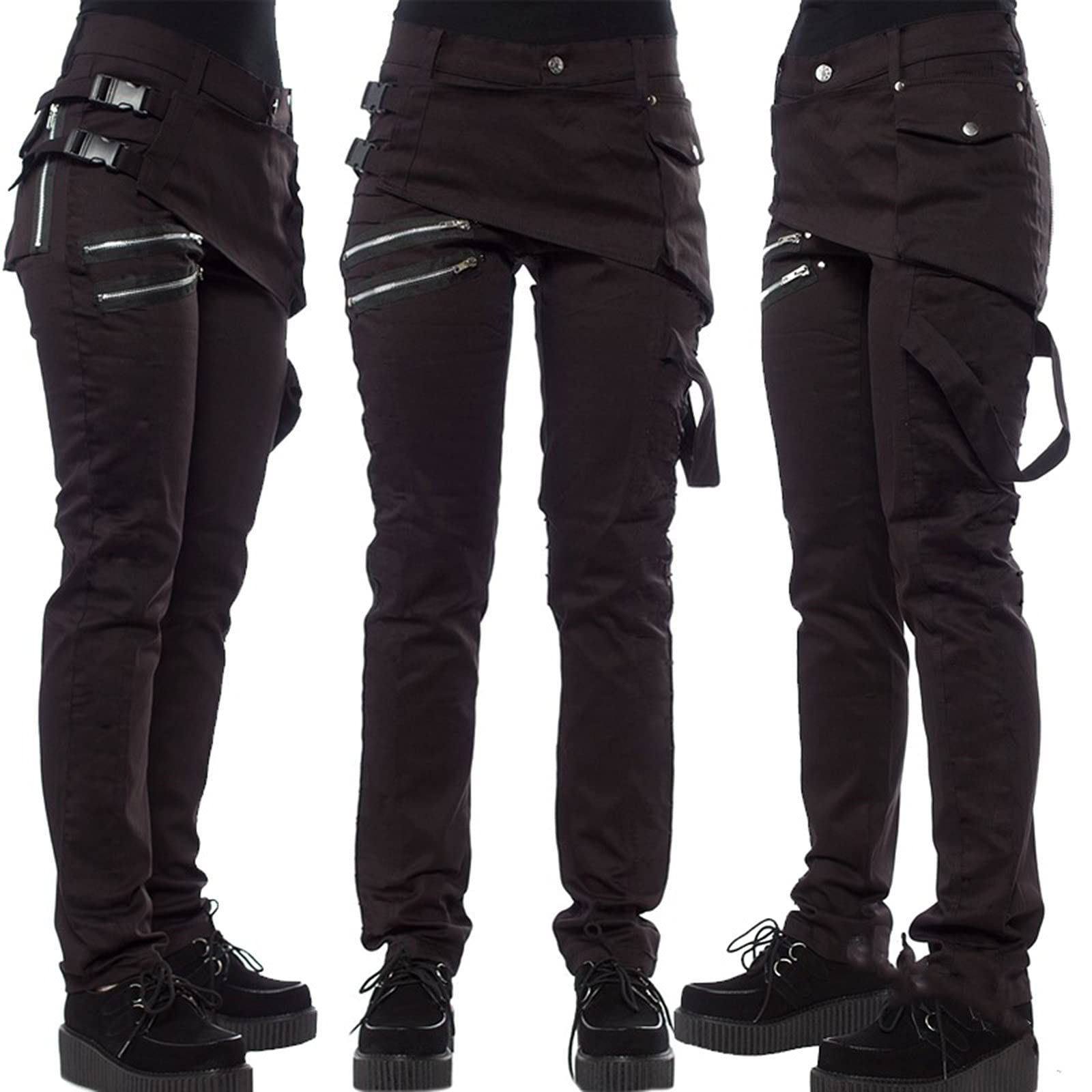 Damen Halloween Punk Hosen Vier-knopf Seitenschnalle Schräge Reißverschlusstasche Freizeithose Gothic Retro Hose