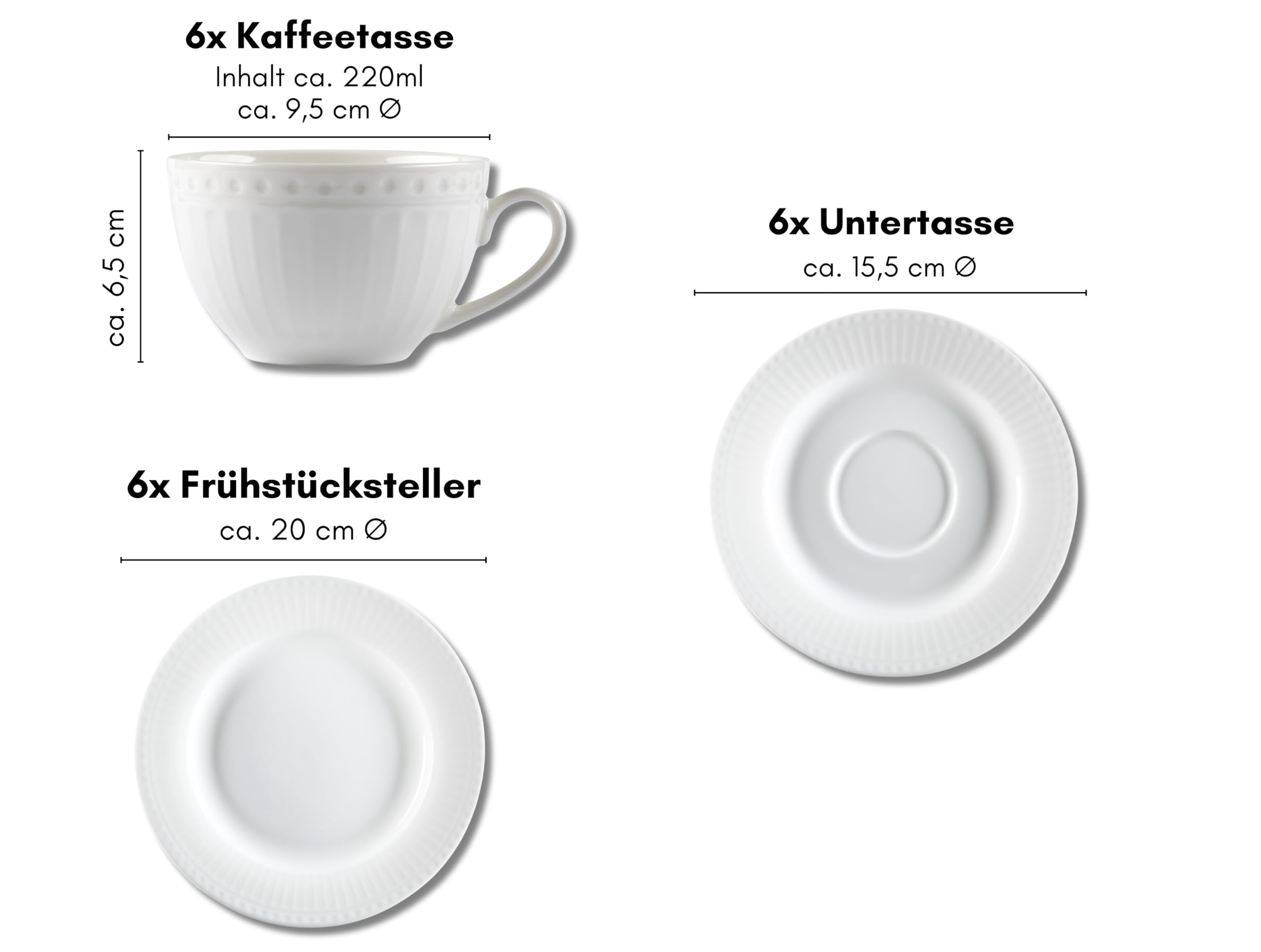 Ritzenhoff & Breker Sofia 18-częściowy serwis do kawy, talerze deserowe (20 cm) i filiżanki ze spodkami (220 ml) dla 6 osób, zestaw do kawy z drobnym rowkowaniem, naczynia Fine Dining, porcelana,
