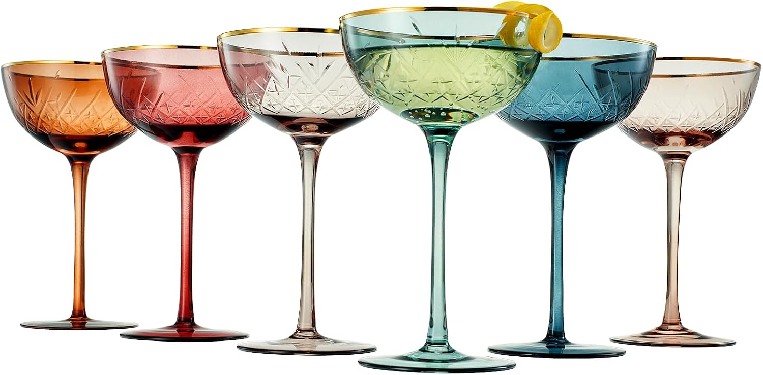 Vintage Art Deco Coupe for Champagne, Martini, Cocktails | Set of 6 | 7 oz Classic Cocktail Glassware - Manhattan, Cosmopolitan, Sidecar, Crystal Speakeasy Style Saucer Goblets with Stems (Muted)