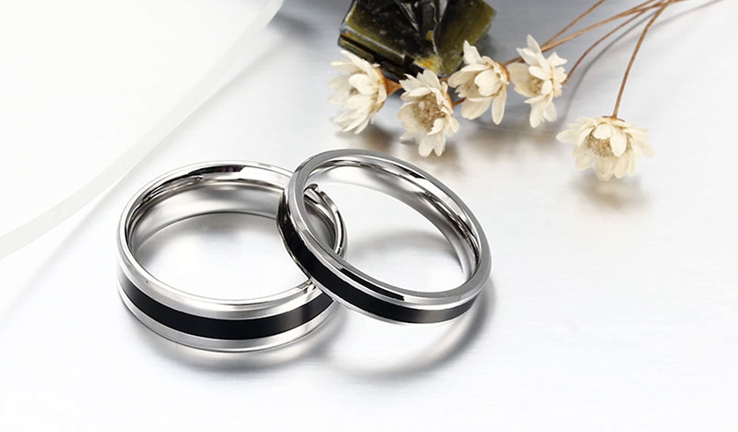 Anillo Mujer Anillos Hombre,Anillos Personalizables Pareja Anillos Pareja Acero Inoxidable Plata Negro 4/6MM con Redondo Pulido Anillo Alianza Pareja