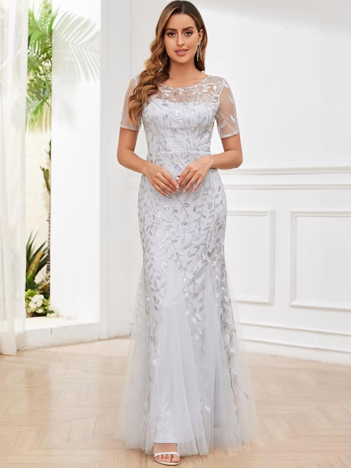 Mollyevers Mermaid Floral Sequin Mother of The Bride Dresses for Women Short Sleeve Formal Evening Gowns