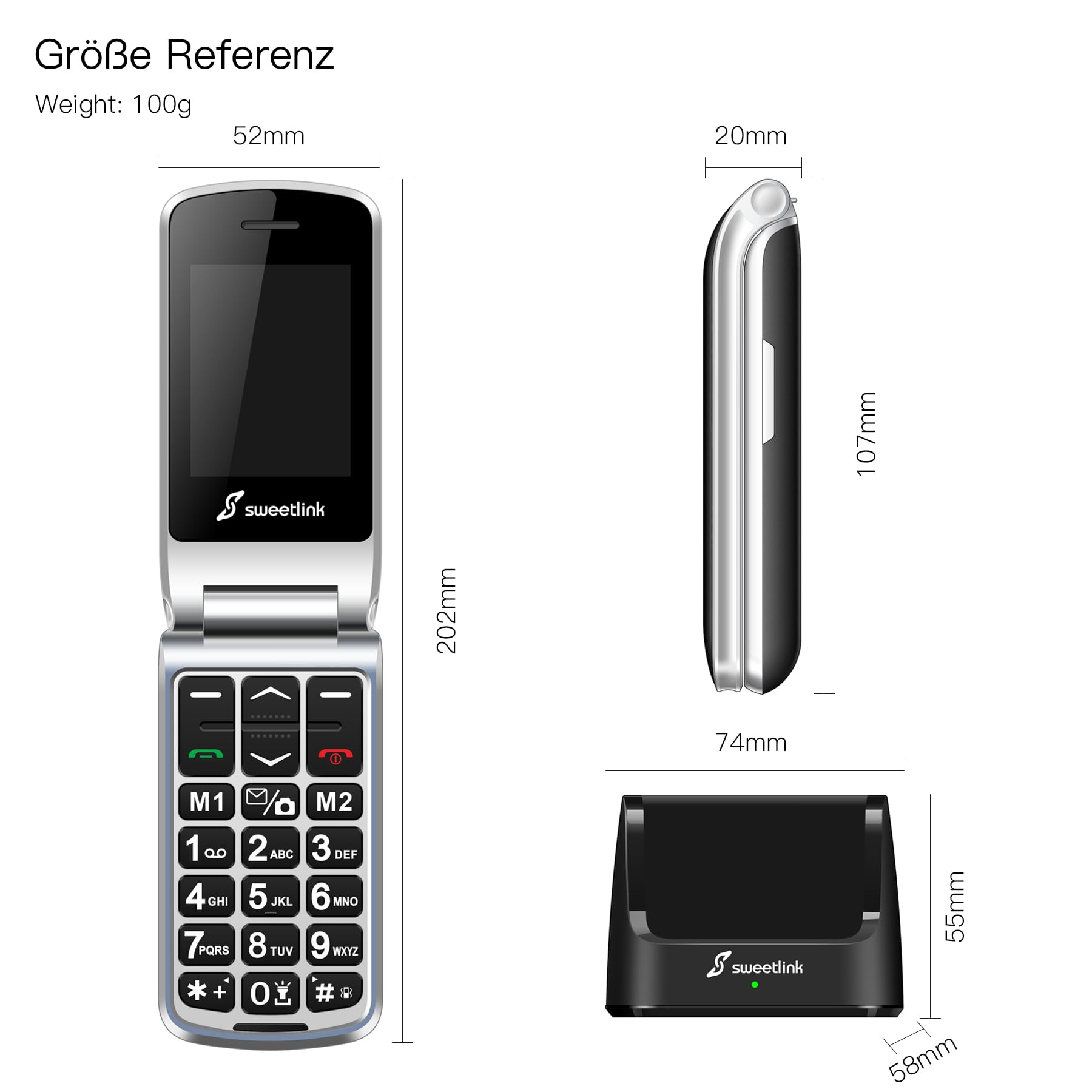 SweetLink F1PLUS Seniorenhandy Klapphandy Ohne Vertrag, Großtastenhandy mit Ladestation, GSM Flip Mobiltelefon SOS Notruffunktion, 1000mAh Akku, Taschenlampe, FM-Radio, 2,4 Zoll Farbdisplay, Schwarz