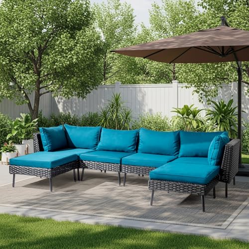 Outvita 6 Pieces Patio Furniture Set, All-Weather Outdoor Sectional Patio Sofa PE Rattan Manual Weaving Wicker Conversation Set with Ottoman & Adjustable Feet & Pillow & Seat Cushion, Green & Black