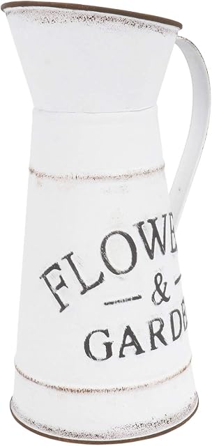 HEMOTON Country Farmhouse Vase Shabby Chic Metal Jug Vase Pitcher White Galvanized Waterinng Can Vase French Bucket Pot Decorative Flower Holder L