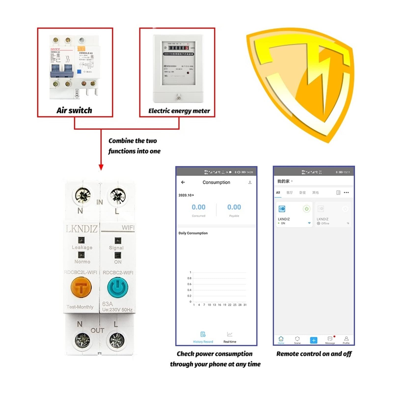 Monitores de energía Riel DIN monofásico WIFI Medidor de energía inteligente Protección de fugas Read Lea el control remoto KWH METER WATTMETER CONTROL DE VOZ Monitor de uso de electricidad Analizador