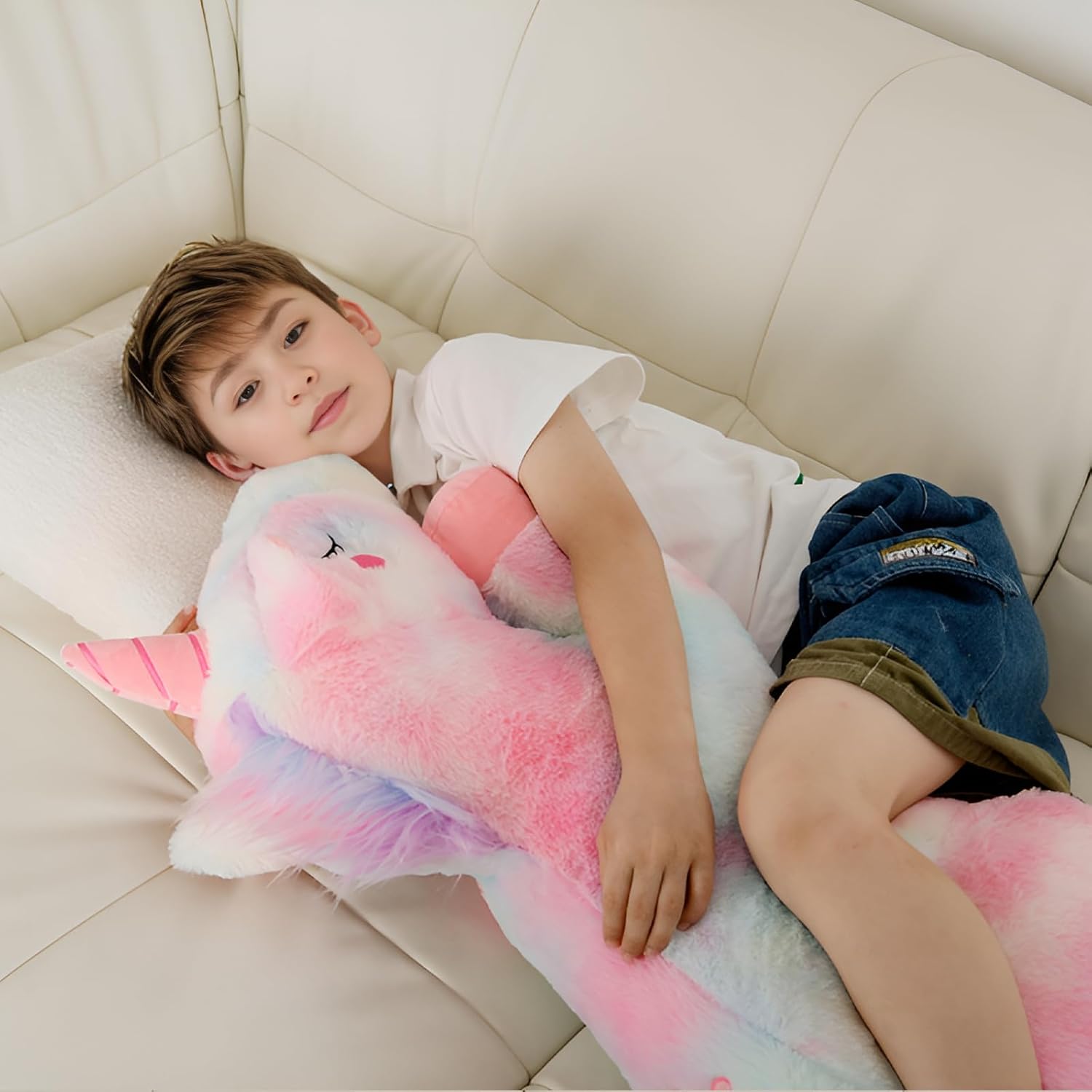 Tianmihou 32 inch Rainbow Unicorn Plush Pillow Toy, Big Soft Long Body Pillow Plushies Pet, Large Colorful Unicorn Stuffed Animals Gift for Kids Boys and Girls, Birthday