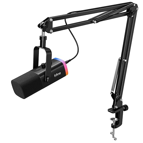 FIFINE Gaming Microphone Kit, XLR/USB Microphone Set for PC/MAC/PS5/Mixer, Boom Arm Stand Dynamic Mic with Controller RGB, Mute Button, Gain Knob, for Podcast Recording, Vocal-AmpliGame AM8T - Black