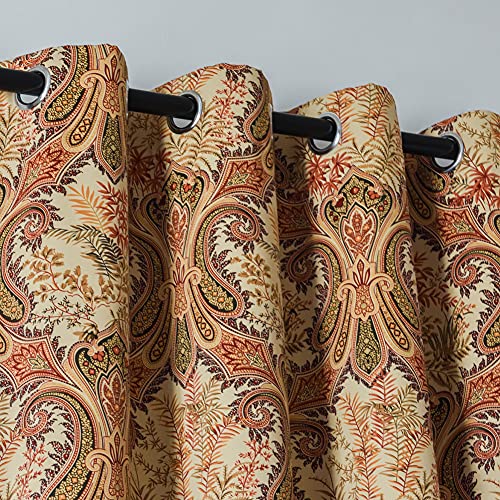 Kotile Print Blackout Curtains With Boho Paisley Pattern Design Print, Grommet Top 2 Panels Thermal Insulated Plant Leaves Fern Luxurious Soft Window Panels For Living Room (W52 X L84 Inches, Yellow) #TOP1