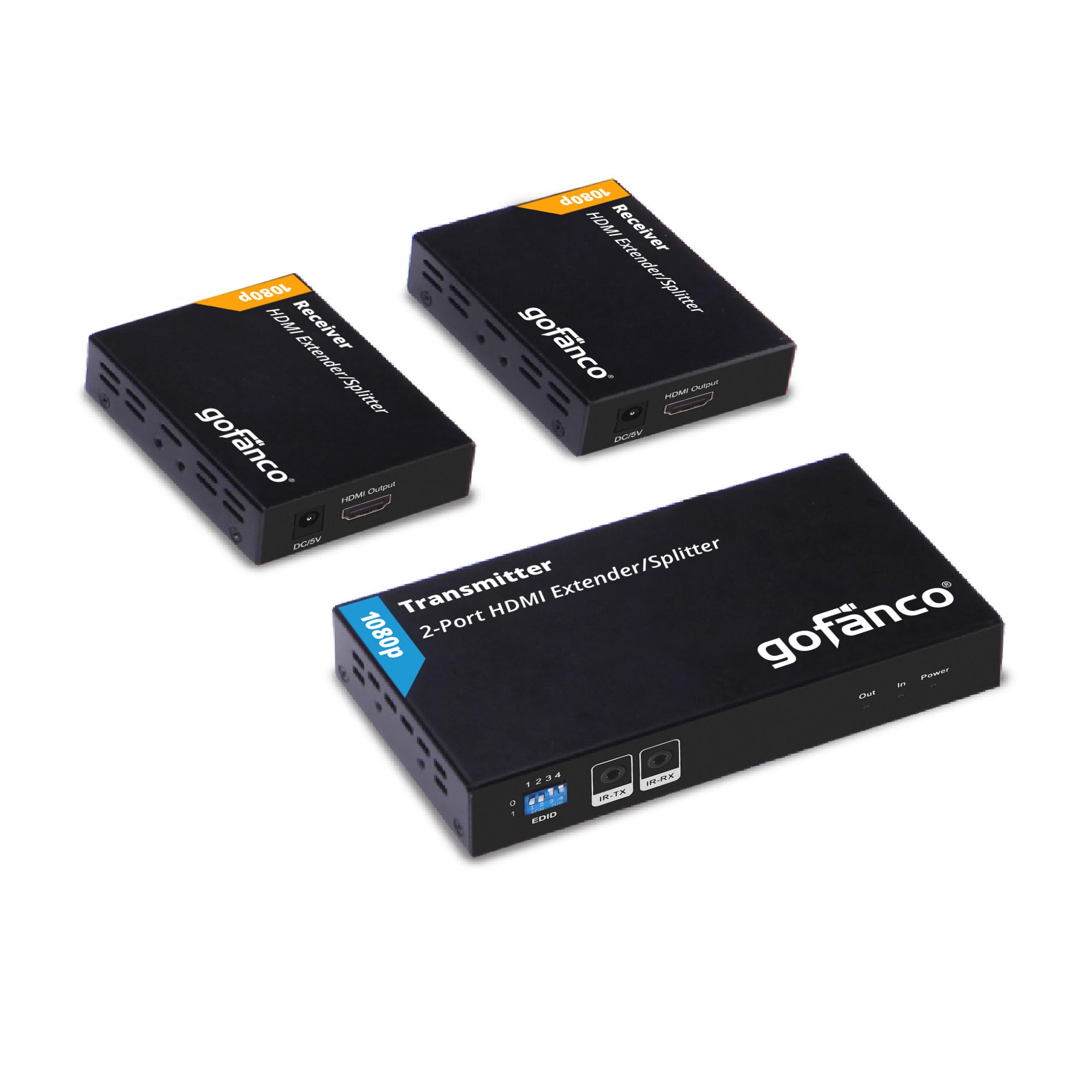 gofanco Prophecy 1x2 HDMI Extender Splitter Full HD 1080p Over Cat5e/Cat6/Cat7 Ethernet Cable with HDMI Loopout - Up to 50m/165ft - EDID Management, Bi-Directional IR Remote Control (1 in 2 Out)…