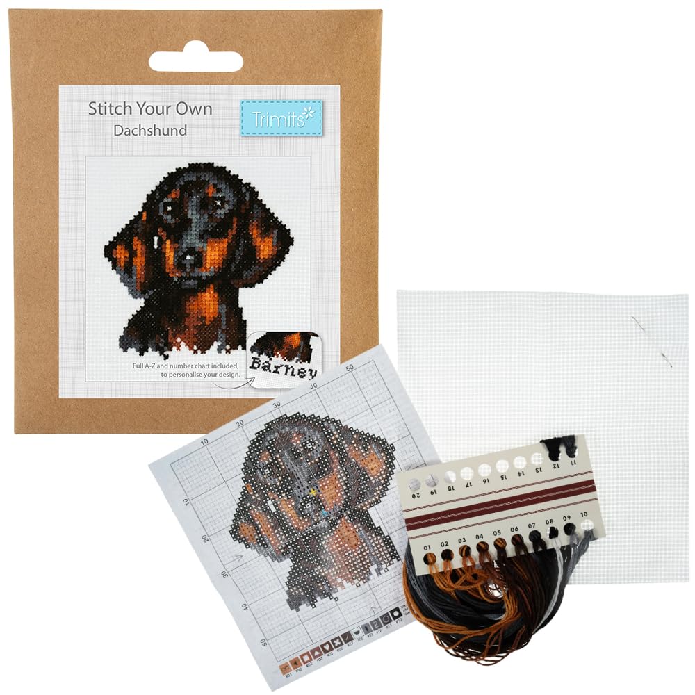Crafty Capers Dachshund | Personalisable | Cross Stitch | Complete Mini Kit | 13Cm