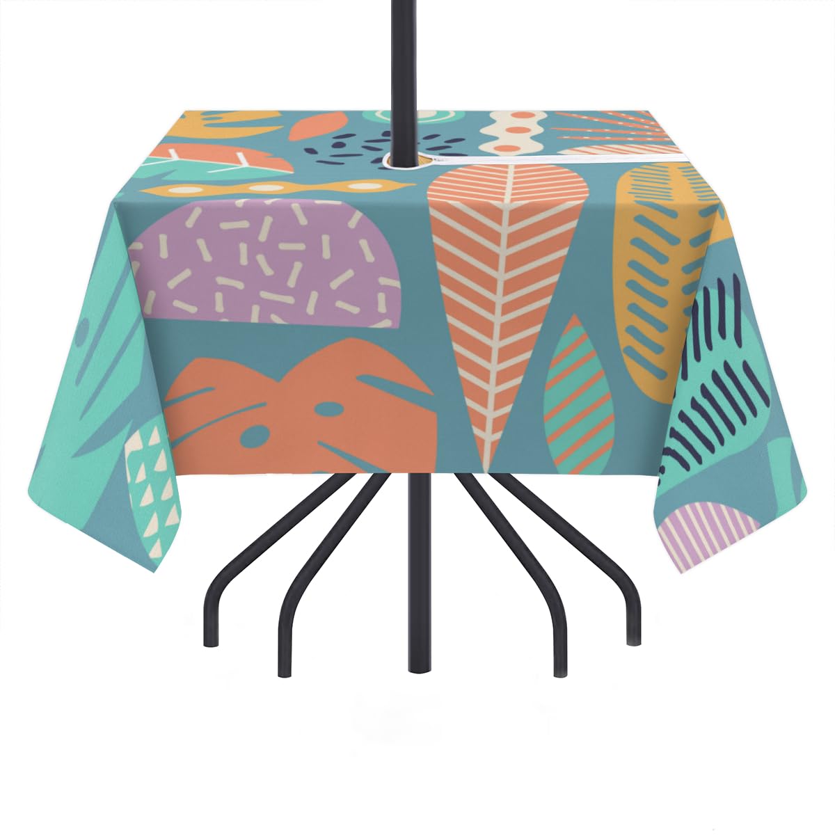 QsirBC Cartoon Palm Leaf Outdoor Tablecloth with Umbrella Hole and Zipper Wrinkle-Free Stain Resistant Washable Square Tablecloth for Patio Garden Picnic Camping 60 X 60 Inch