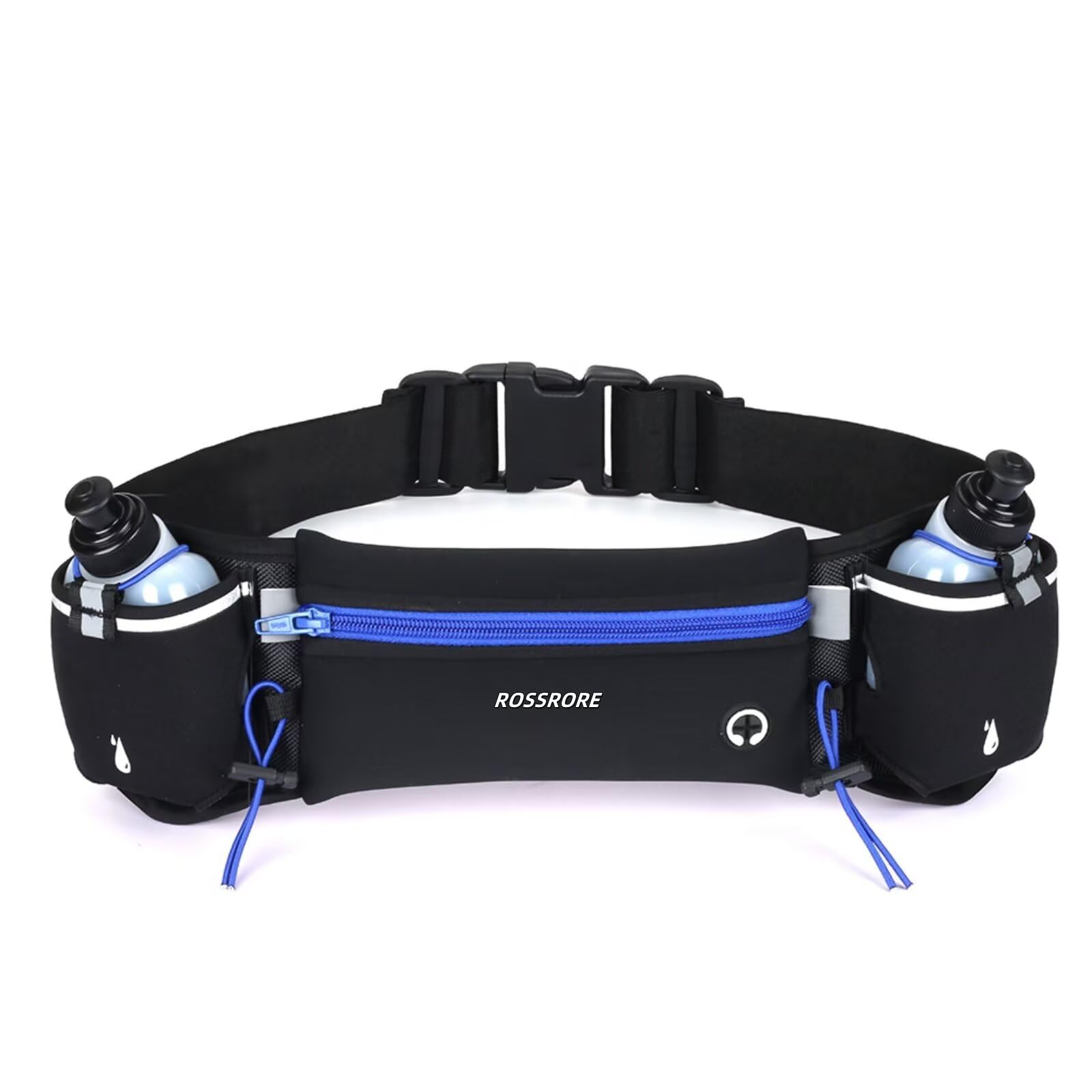 ROSSRORE Unisex Running Hydration Belt with 2x6oz Water Bottles - No Bounce Design, Waterproof Waist Pack for Phone, Bum Bag Expert-Recommended Celebrity Favorite (Blue)