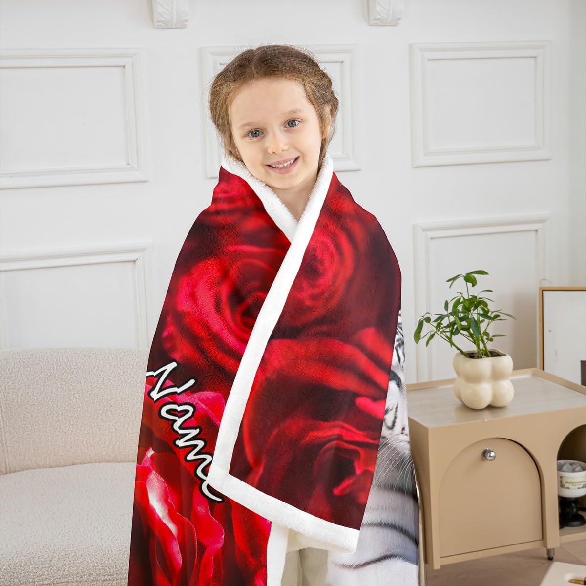 Customizable White Tiger Throw Blanket Red Rose Flower Fleece Blanket for Boys Girls,African Safari Animals Blanket 40"x50" Big Cat Wild Animal Skin Bed Blanket,Romantic Garden Floral Bedroom Decor