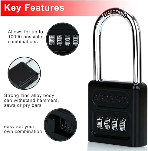 Miniatura 4 de ABRAFOX - Candado de combinación de 4 dígitos de alta resistencia con grillete largo, color negro, paquete de 2