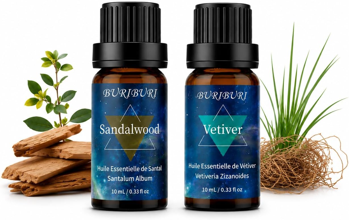 BURIBURI Sandalwood Vetiver Essential Oil Set for Candle Making 2Pcs