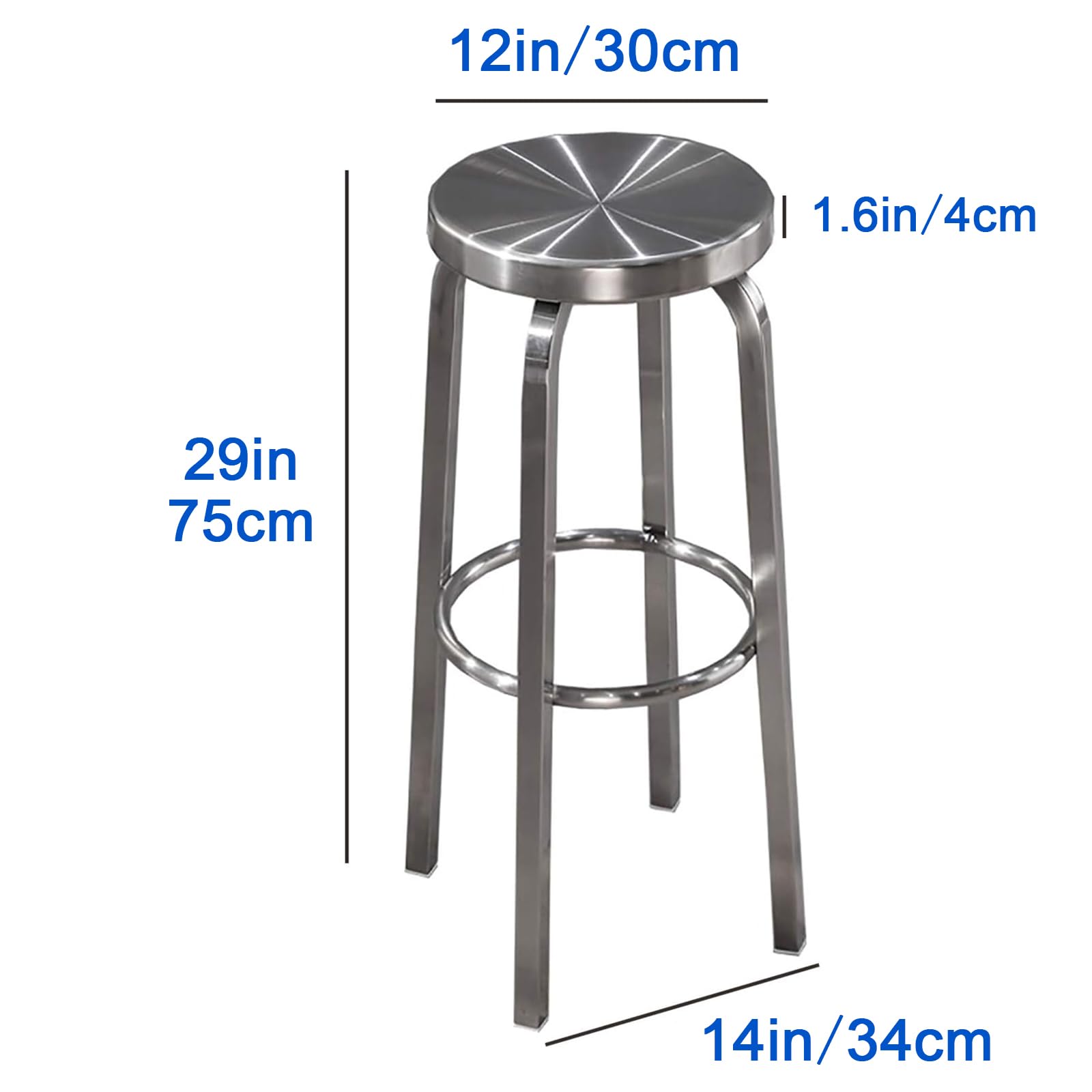 Taburete de Bar sin Respaldo de Acero Inoxidable, Taburete Alto de mostrador, Calidad Comercial, Acabado de Acero Inoxidable, Altura del Asiento de 65 cm / 75 cm, Uso en Interiores y Exteriores