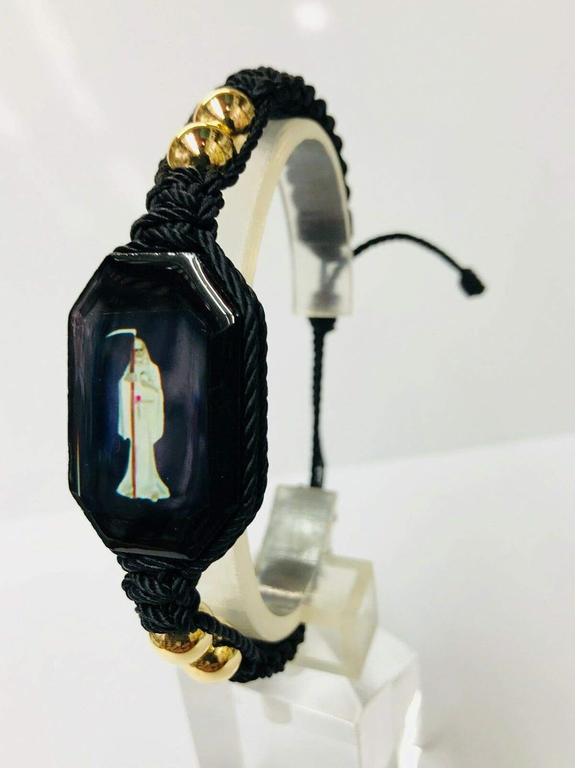 Santuario Jerwelry Holy Death Reaper Bracelet Santa Muerte Blanca bolas de oro laminado