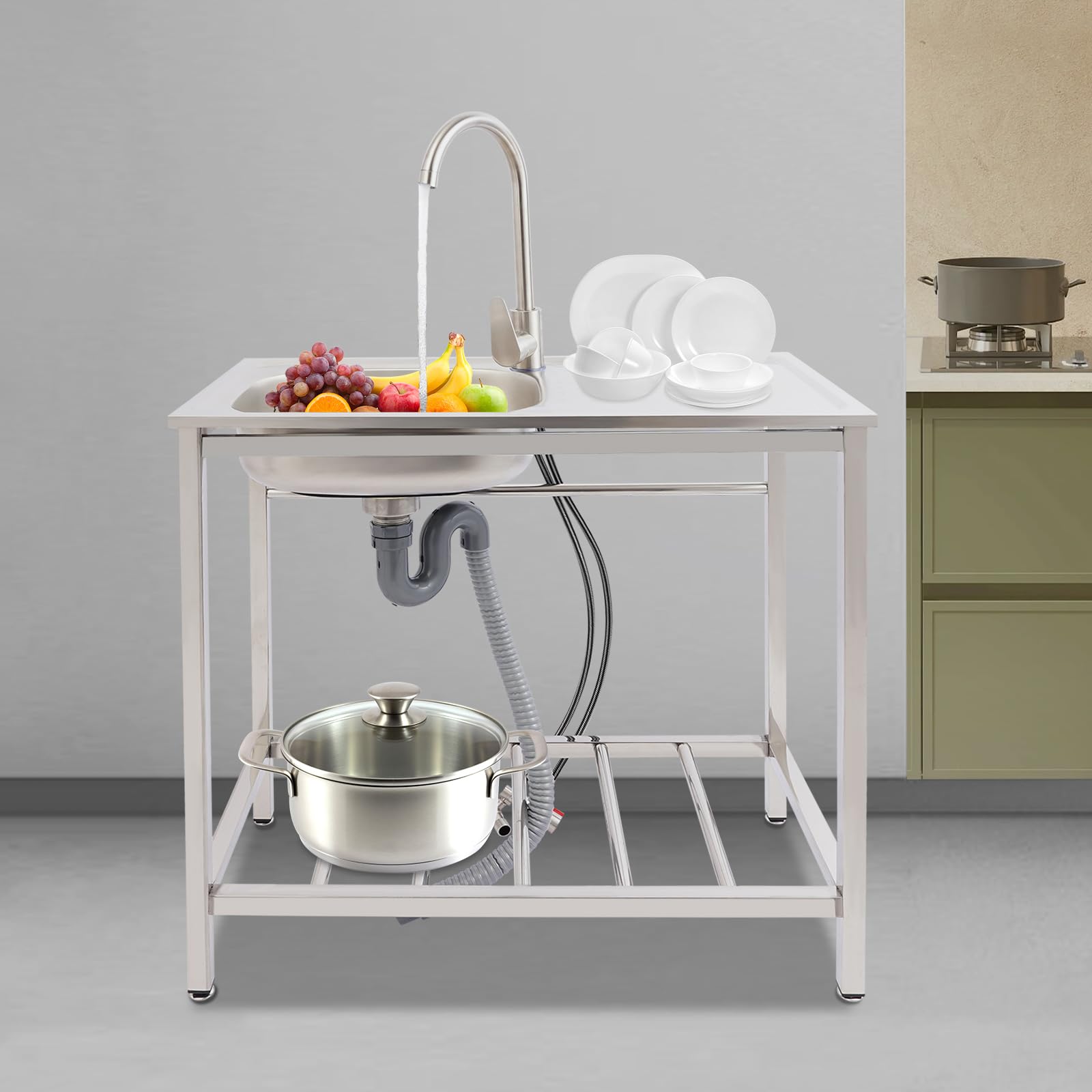 Fregadero independiente, Mesa de fregadero de acero inoxidable 201, Fregadero de cocina con compartimento de almacenamiento inferior, Grifo de agua caliente y fría ajustable 360°, 4 pies