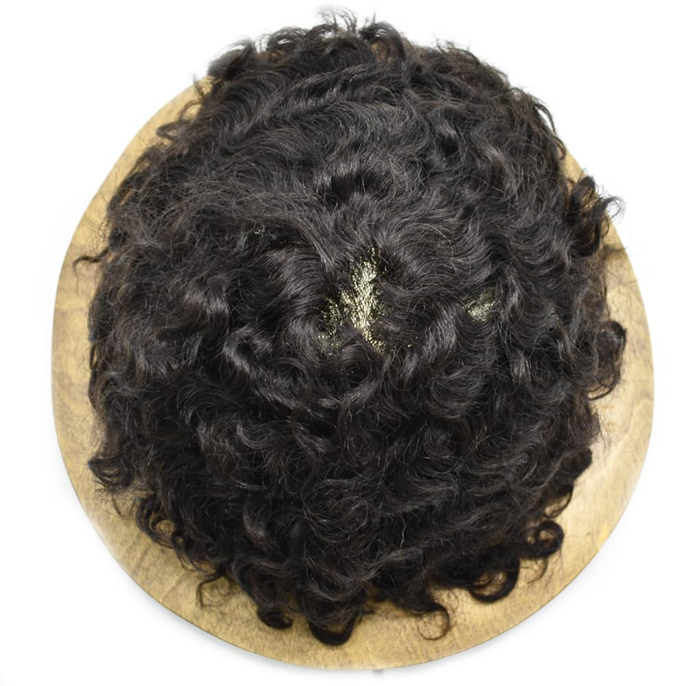 Hair Unit for Black Men Afro Toupee Curly Hair Replacement System Hair Piece African American Man Hairpiece (1# Jet Black, 20MM Wave)