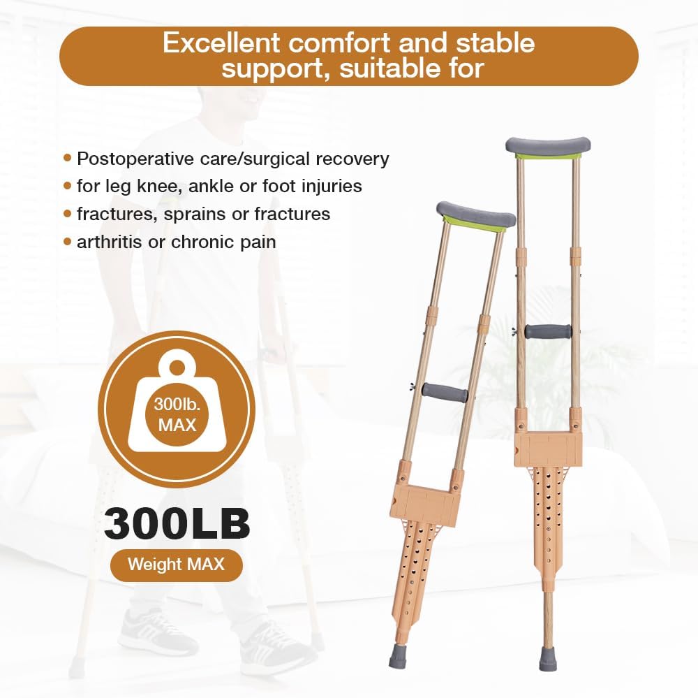 Lightweight Aluminum Wood Grain Cane Crutches for Adults & Elderly (5.92ft-6.75ft Height Fit) – Adjustable, Built-in Storage, 250lb Capacity, Mobility Aid for Walking Support