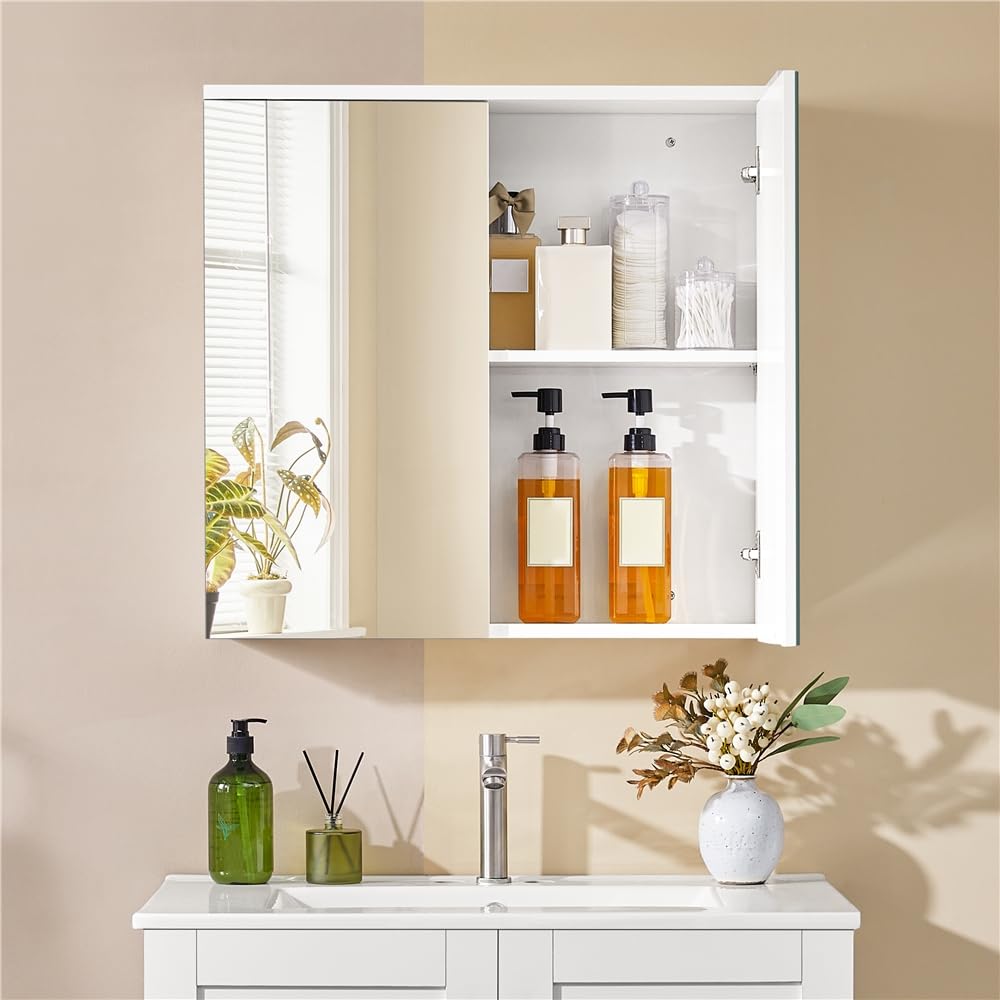 Yaheetech Armario de Baño con Espejo Armario Colgante de Pared con 2 Puertas y Estante Ajustable Moderno para Dormitorio Salón 63x15x60 cm Blanco