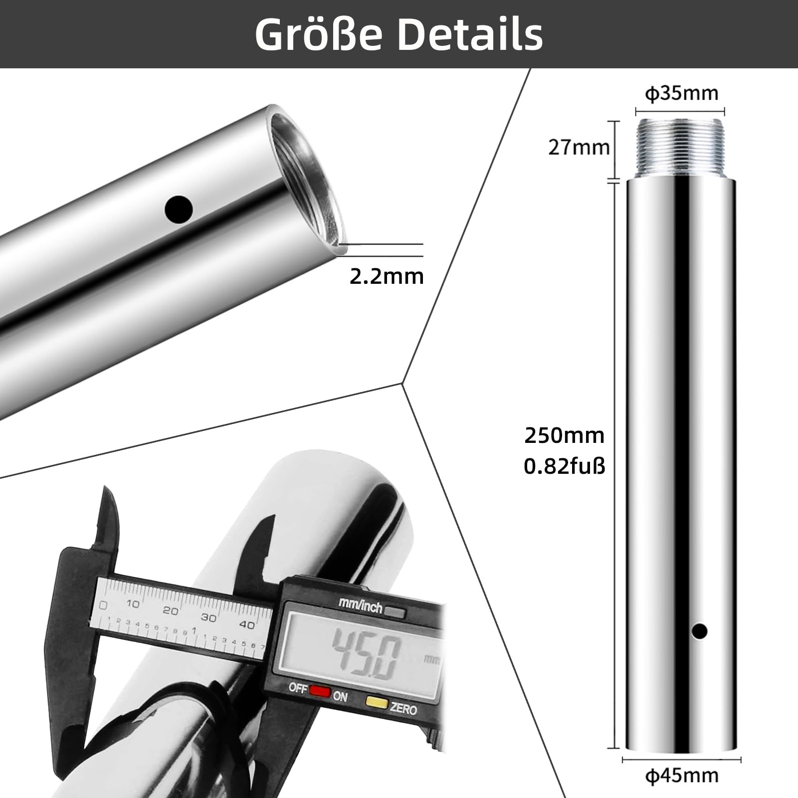 PRIOR FITNESS Prolunga Asta da Danza in Acciaio, Compatibile con Aste da 45 mm, Barra Rinforzata Acciaio Inox Lucidato Antiruggine Spessore 2,2 mm, Ideale per Casa, Studio e Palestra con Soffitti Alti
