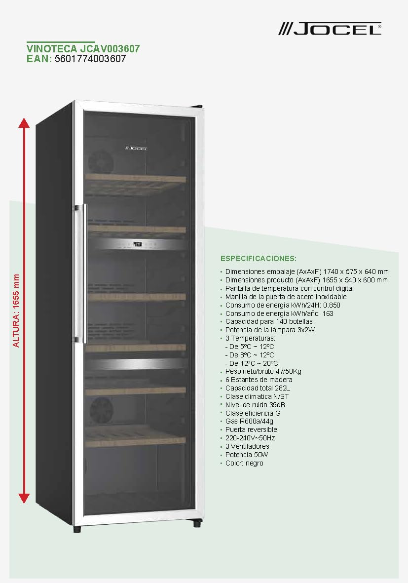 Jocel Vinotega JCAV003607, 282 Litros, Capacidad para 140 botellas, Clase eficiencia G, Color negro