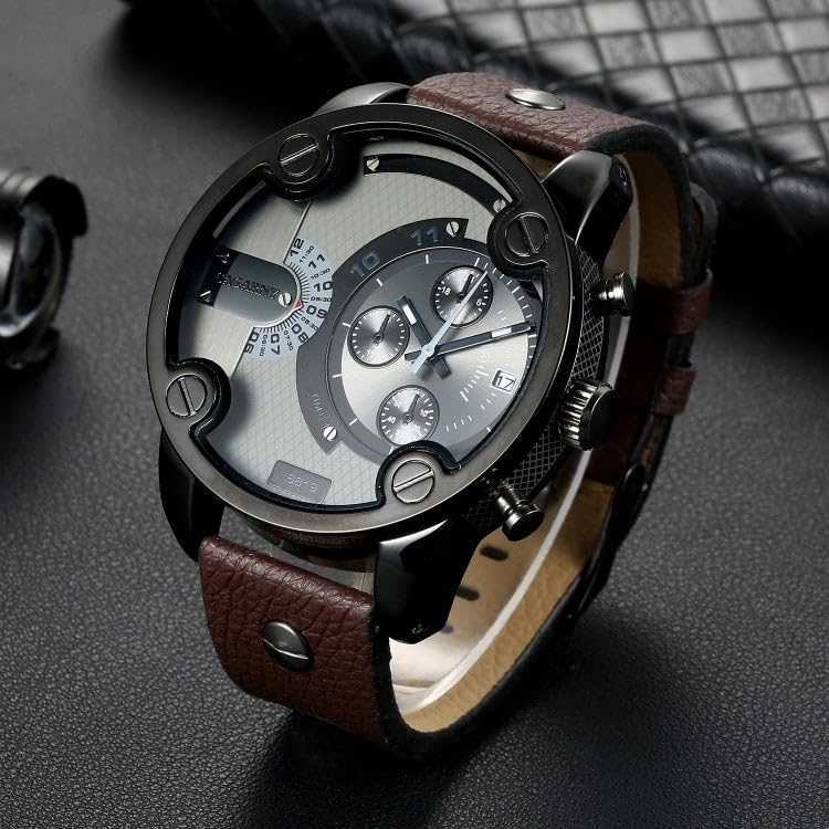 Close-up of the watch face showing the dual time zone sub-dial and chronograph elements