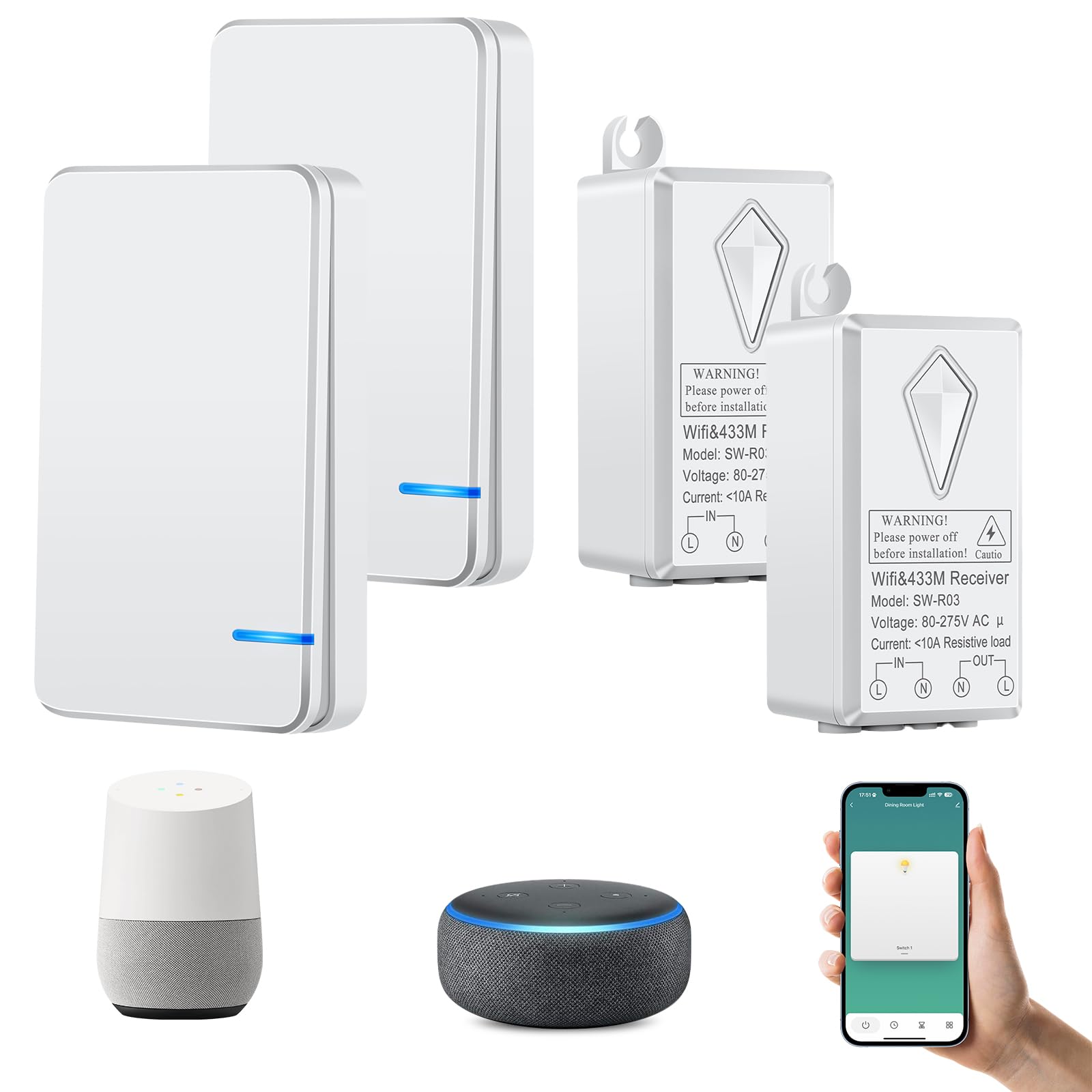 NineLeaf 2Pcs Kit récepteur Wifi pour mini interrupteur sans fil, sans câblage, contrôle vocal, fonction de temporisation, étanche IP66, compatible avec Alexa Google Assistant Tuya Smart Life APP