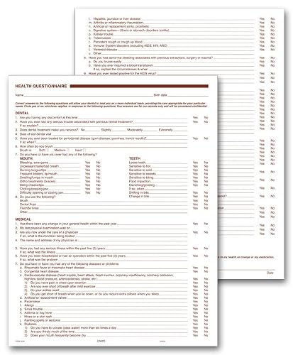5Forms Dental Health History Questionnaires 2 Sided No Hole Punch 8 1/2 x 11" Qty 250