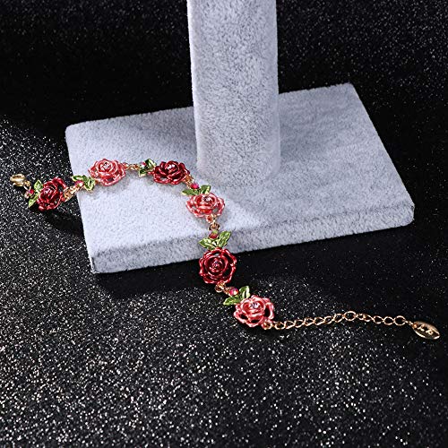 Flower Bracelet,Colorful Link Bracelets Rose Flower Leaf Bangle Bracelet Anklet Cloisonne National Chain Hand Jewelry With Charm rhinestones For Women Lady Girl,With Adjustable Extension Chain Gift Box3