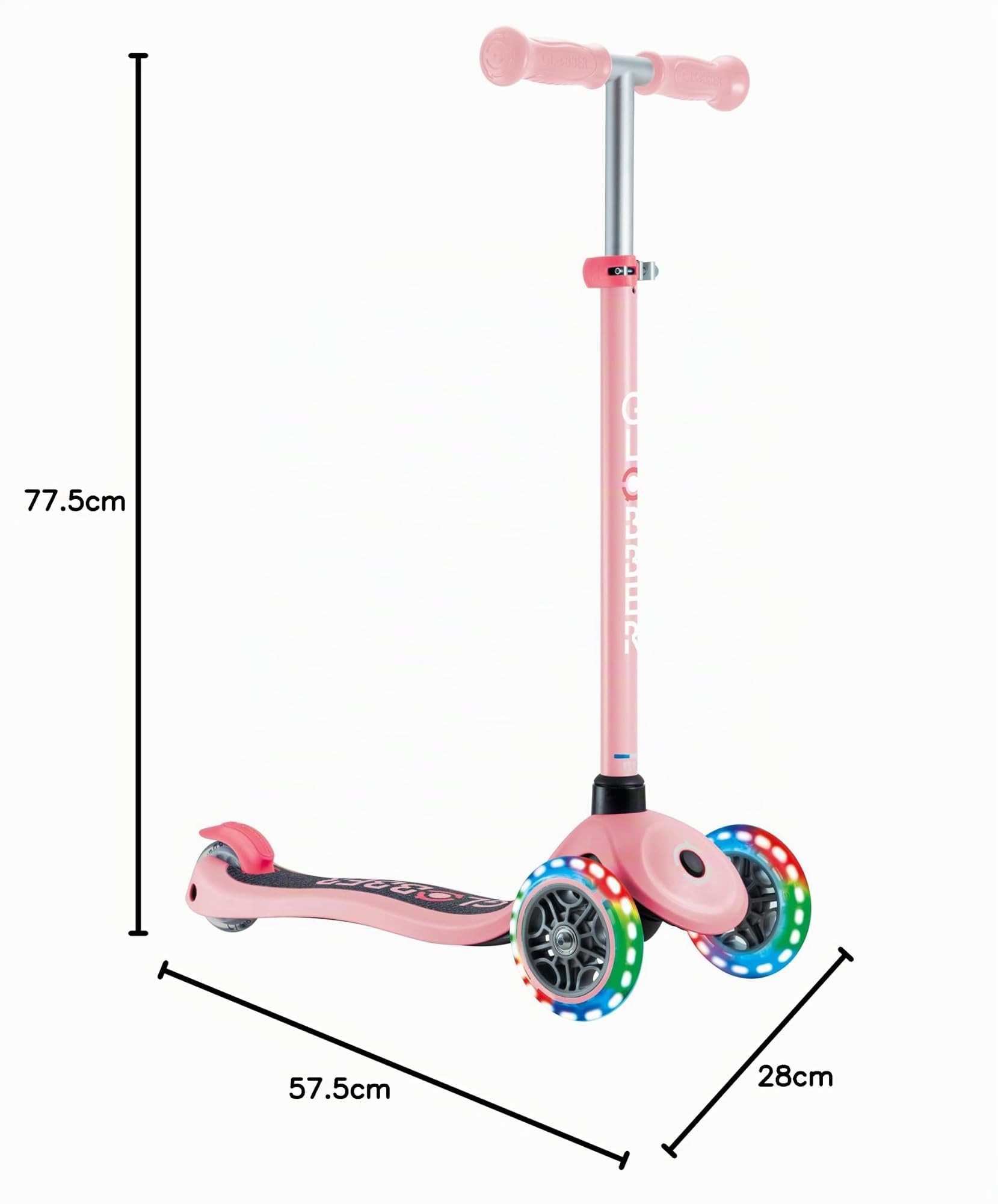 GLOBBER Primo Lights – Tretroller Kinder, 120/80 mm, ABEC 9, 3-rädrig, höhenverstellbar, LED-Leuchtrollen
