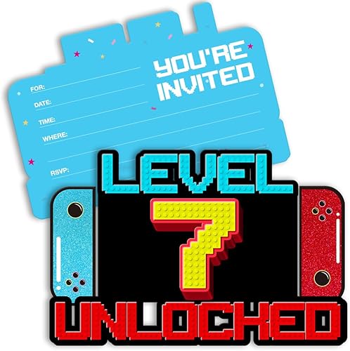 Invitaciones de videojuegos de 7 cumpleaños con purpurina para niños de 7 años, invitaciones en forma de fiesta de cumpleaños con sobres, paquete de