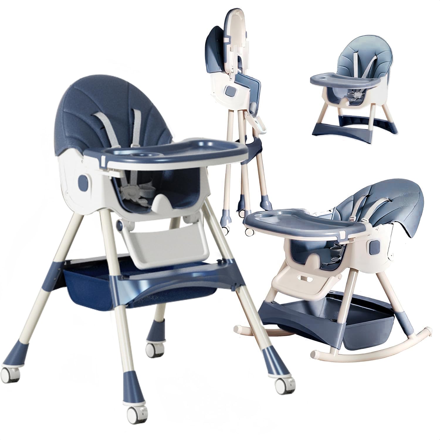 6-in-1 Baby High Chair for Babies and Toddlers, 4 Gear Adjustable Backrest & Height Foldable Infant Baby Feeding Rocking Chair for Eating with Detachable Double Tray and convertible Leg Support Plate